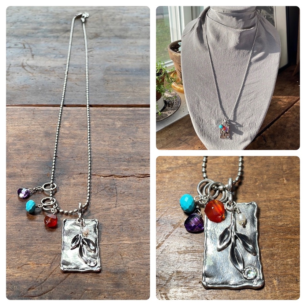 SILPADA Sterling Vintage Long Pendant, Sprig Leaf, Pearl, Crystal, 3 Charms